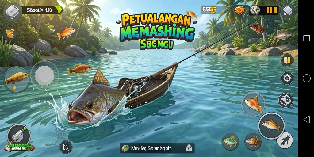 Screenshot utama 555F menunjukkan gameplay menakjubkan saat memancing.