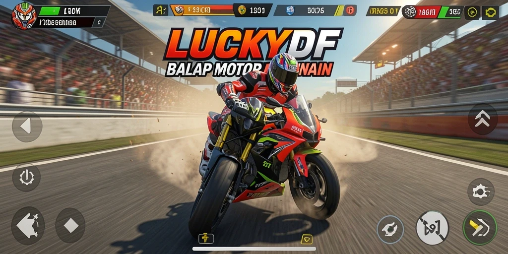 Tangkapan layar gameplay LUCKYDF menampilkan balapan motor yang seru dan mendebarkan.
