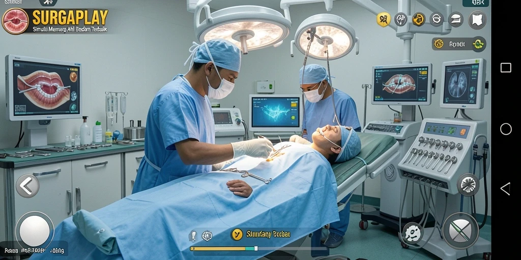 Tangkapan layar yang menampilkan gameplay SURGAPLAY dalam simulasi bedah.